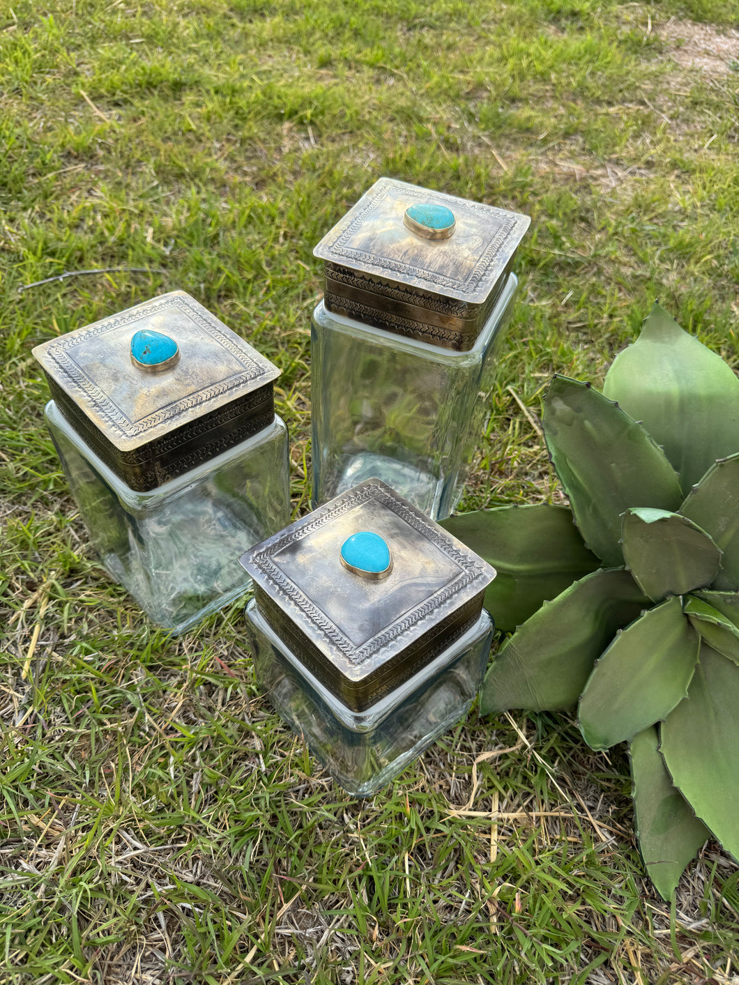 3 Piece Glass Canister Set w/ Silver and Turquoise